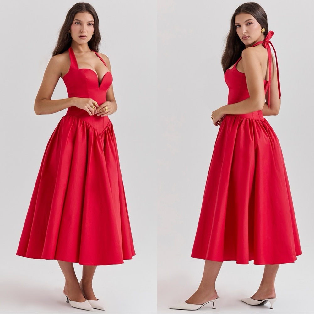 HOUSE OF CB “COQUETTE” SCARLET HALTER MIDI DRESS - Picture 3 of 5